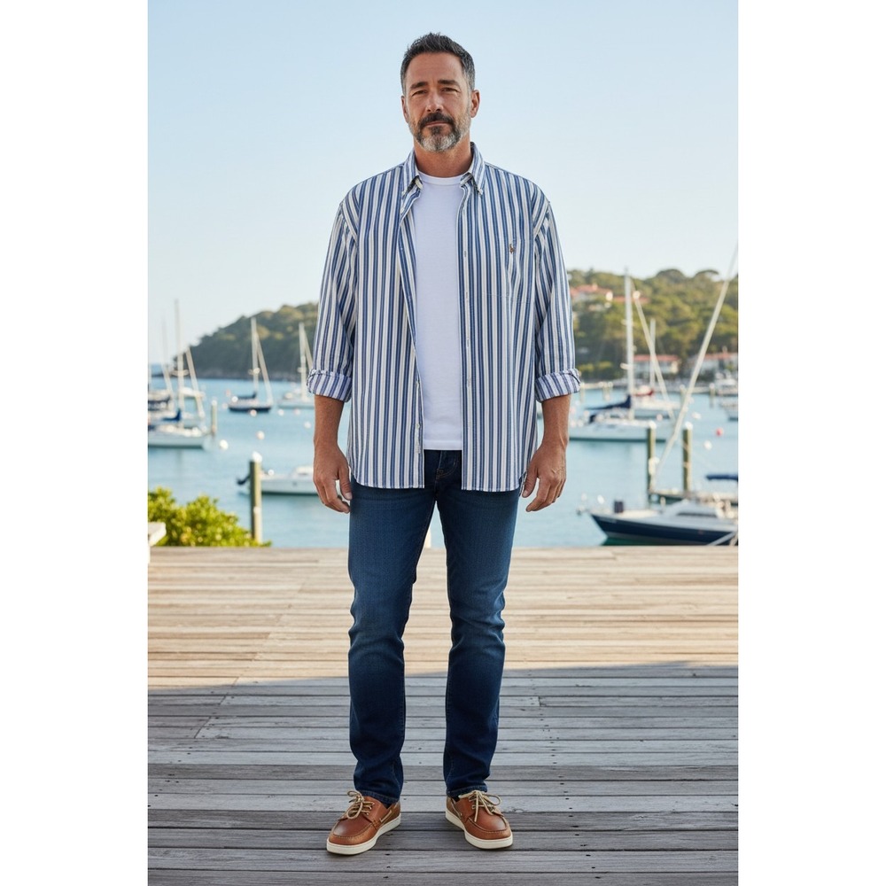 Ralph Lauren Yarmouth Shirt Mens Blue Yellow Striped Button Down 17.5 34